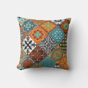 Talavera Tles Turquoise Teal Orange Black White Throw Pillow