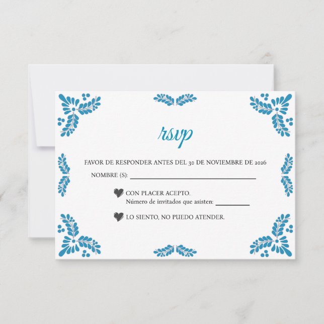 Talavera Turquoise Minimalist Spanish Wedding RSVP Card (Front)