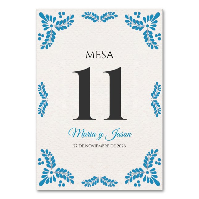Talavera Turquoise Minimalist Spanish Wedding Table Number (Front)