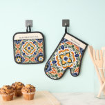 Talavera vintage Mexican Christmas gifts for mom Oven Mitt & Pot Holder Set<br><div class="desc">Christmas gifts for mom Azulejo blue Portuguese Talavera tiles vintage Mexican  monogram printed  oven mitt and pot holder set Mediterranean ornate Talavera tile pattern personalized practical gifts wedding gifts gifts for her birthday gifts for mom kitchen decor home decor</div>