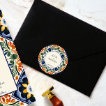 Talavera vintage Mexican wedding monogram printed Classic Round Sticker<br><div class="desc">Azulejo blue Portuguese Talavera tiles vintage Mexican hacienda wedding  monogram printed stickers template bride and groom names stickers,  Mediterranean ornate Talavera tile pattern wedding stickers</div>