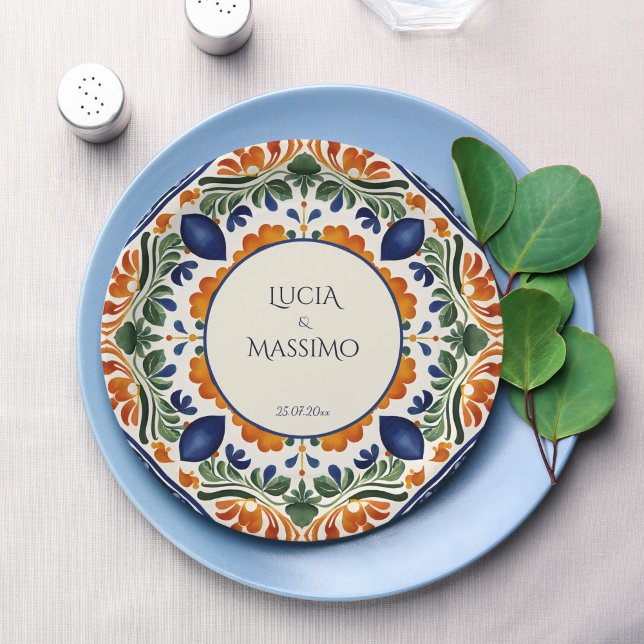 Talavera vintage Mexican wedding monogram printed Paper Plates (Talavera vintage Mexican Hacienda Fiesta wedding monogram printed Paper Plates personalized decor)