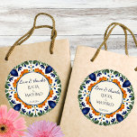 Talavera vintage Mexican wedding thank you favor Classic Round Sticker<br><div class="desc">Azulejo blue Portuguese Talavera tiles vintage Mexican hacienda wedding  monogram printed thank you favor stickers template Mediterranean ornate Talavera tile pattern wedding favor stickers Hacienda style wedding favors  decoracion talavera fiesta</div>