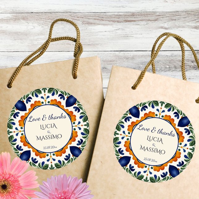Talavera vintage Mexican wedding thank you favor Classic Round Sticker (Talavera vintage Mexican wedding thank you favor Stickers bride and groom names stickers)