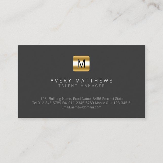 Talent Manager Entertainment Black Gold Monogram Business Card (Front)