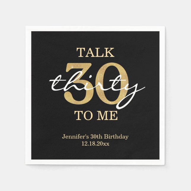 talk 30 to me birthday party gold black chic napkins (Front)
