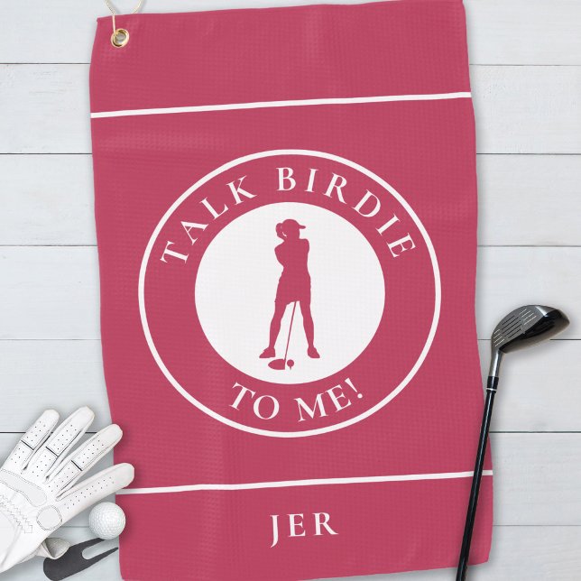 Talk Birdie To Me Funny Golfer Silhouette Magenta Golf Towel (Creator Uploaded)