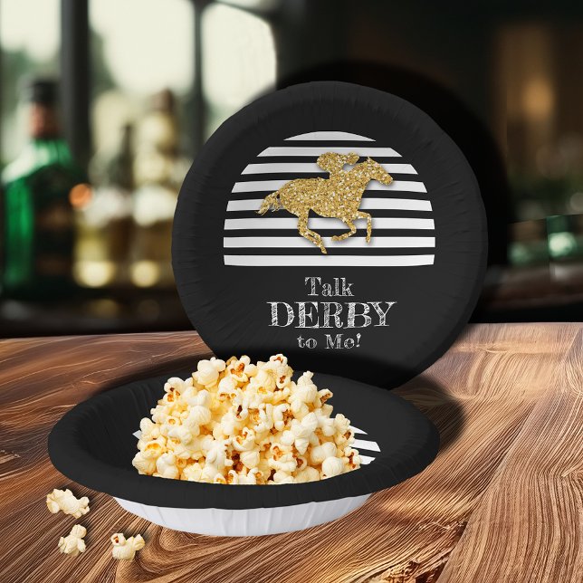 Talk Derby to Me Gold Racehorse and Jockey Paper Bowls (Talk Derby to Me gold racehorse and jockey on black and white stripes paper bowls)