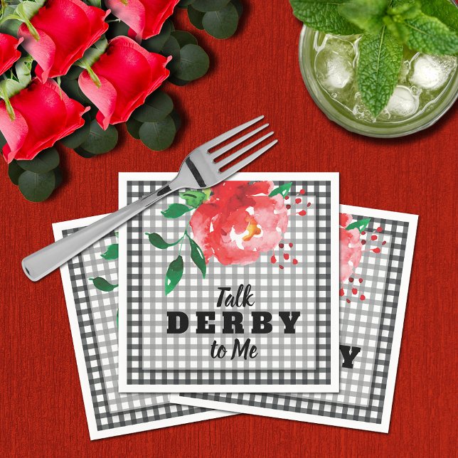Talk Derby to Me Red Rose on Gingham Napkins (Talk Derby to Me red rose on black and white gingham check napkins)