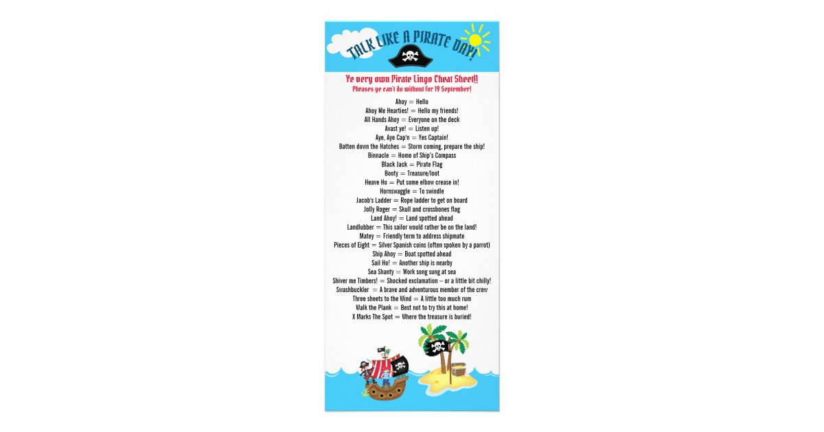 Talk Like a Pirate Day List of Phrases Cheat Sheet Rack Card | Zazzle
