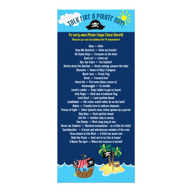 Talk Like a Pirate Day Phrases Sheet Dark Blue Rack Card (Front)