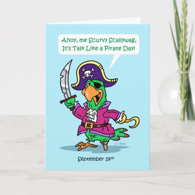 Talk Like a Pirate Day September 19 Parrot Captain Holiday Card (Front)