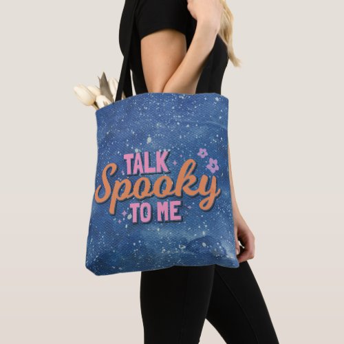 Talk Spooky to Me Blue and White Halloween Tote Bag