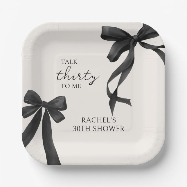Talk Thirty to me Black Bow 30th Birthday Paper Plates (Front)