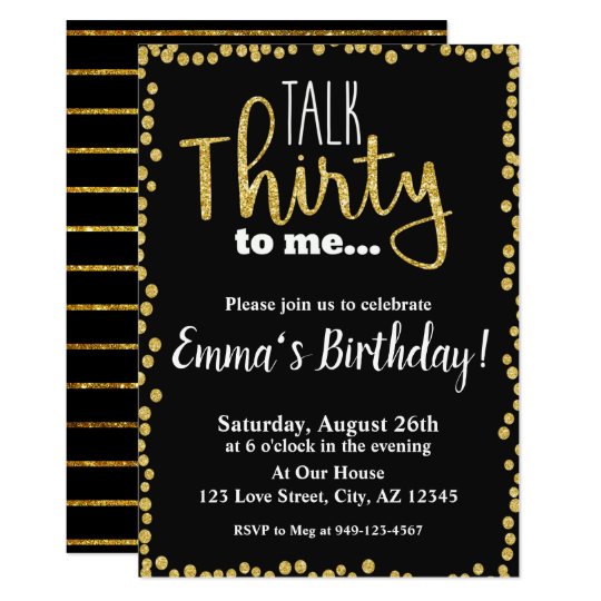 Talk Thirty to me black gold glitter 30th Birthday Invitation | Zazzle.com