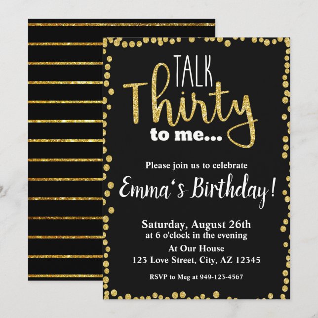 Talk Thirty to me black gold glitter 30th Birthday Invitation (Front/Back)