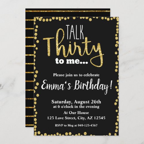 Talk Thirty to me black gold glitter 30th Birthday Invitation