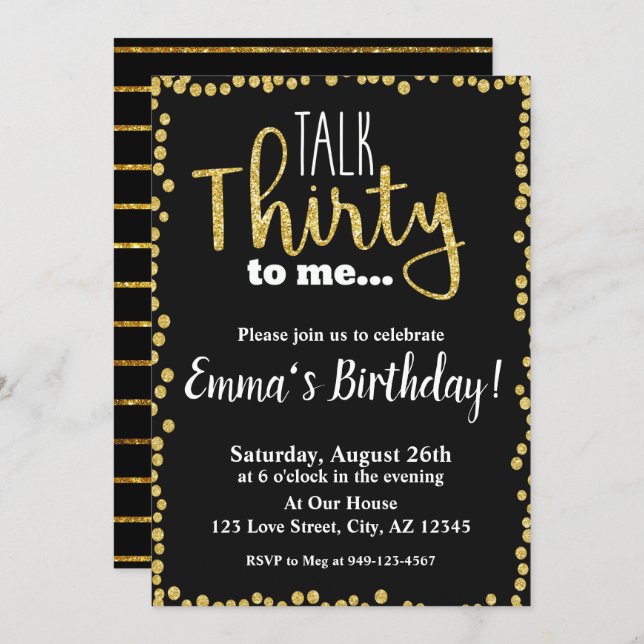 Talk Thirty to me black gold glitter 30th Birthday Invitation (Front/Back)