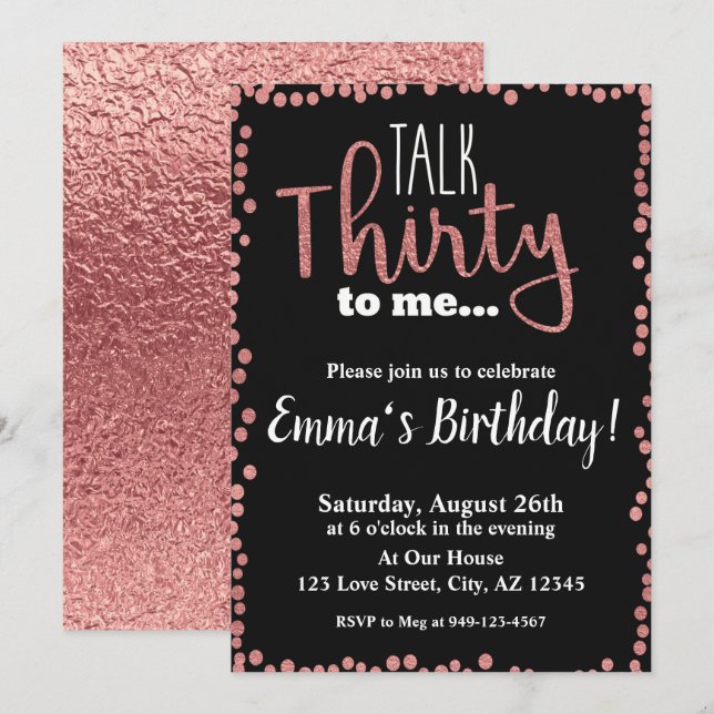 Talk Thirty to me black Rose Gold 30th Birthday Invitation (Front/Back)