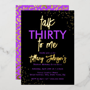 Talk Thirty To Me Leopard Purple Gold 30th Foil Invitation
