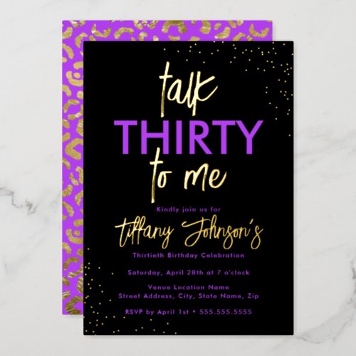 Talk Thirty To Me Leopard Purple Gold 30th Foil Invitation
