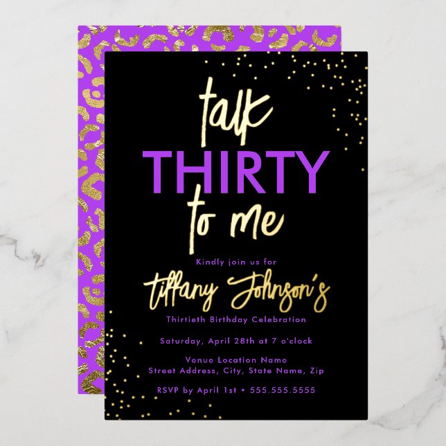 Talk Thirty To Me Leopard Purple Gold 30th Foil Invitation (Front/Back)