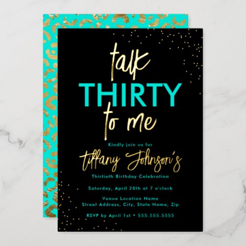 Talk Thirty To Me Leopard Teal Gold 30th Birthday  Foil Invitation