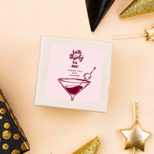 Talk Thirty To Me Pink Martini 30th Birthday Party Square Sticker (Creator Uploaded)