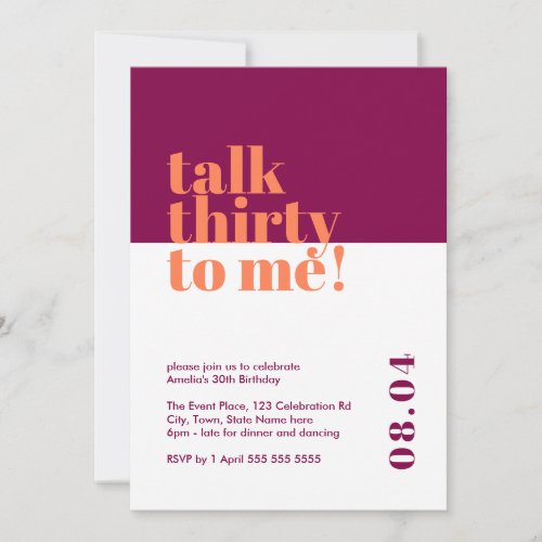 Talk Thirty to me Purple  Orange 30th Birthday Invitation