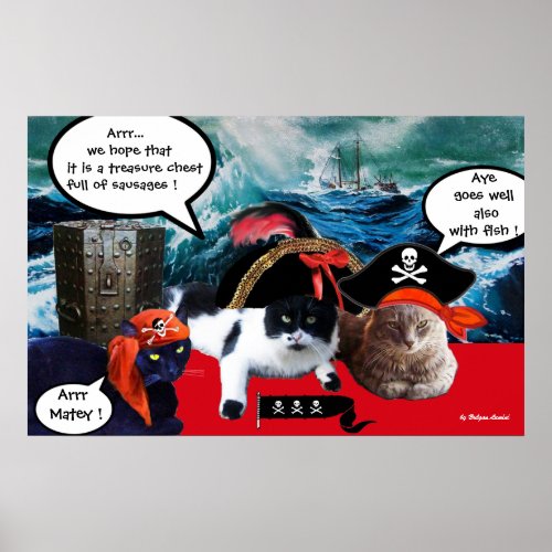 TALKING PIRATE CATS AND SHIP IN THE SEA STORM POSTER