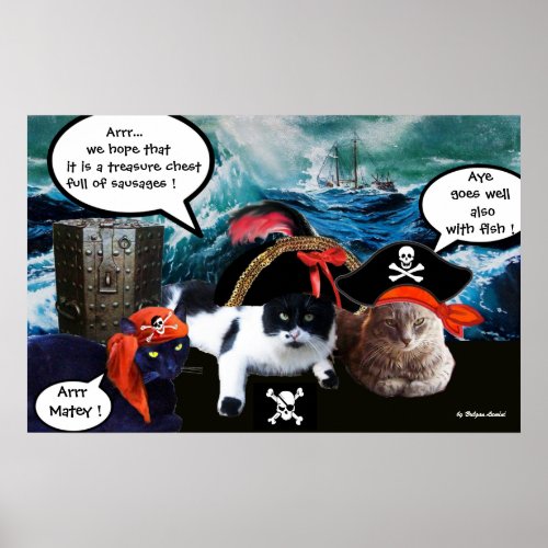 TALKING PIRATE CATS AND SHIP IN THE SEA STORM POSTER
