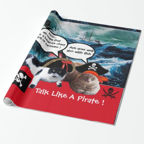 TALKING PIRATE CATS AND SHIP IN THE SEA STORM WRAPPING PAPER