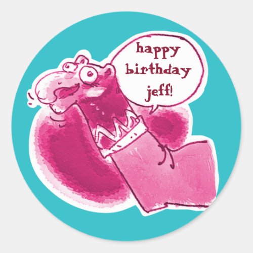 talking puppet sock says happy birthday cartoon classic round sticker