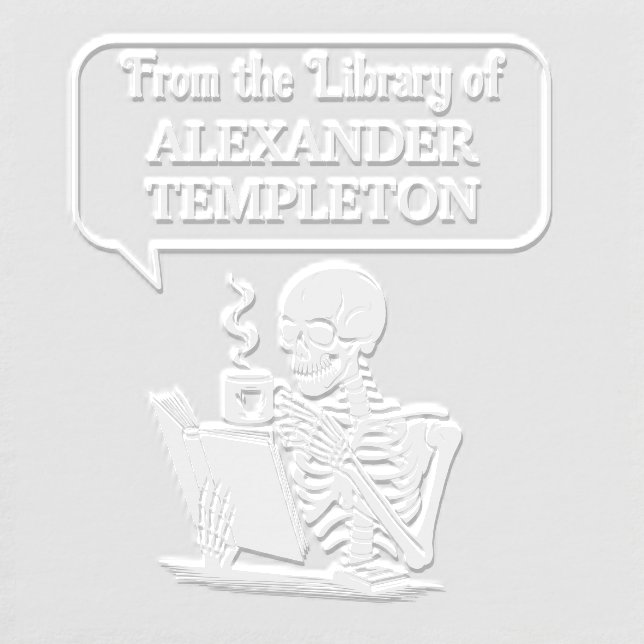 Talking Skeleton Drinking Coffee Reading Book #2 Embosser (Design)