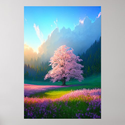 Tall Blooming Tree in the Green Valley Poster