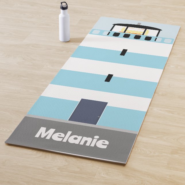 Tall Blue and White Lighthouse Personalised Yoga Mat (In Situ)