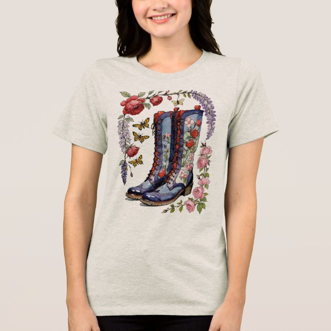 Tall Boots With Lilacs Roses and Butterflies Tri-Blend Shirt (Front)