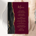 Tall Budget Black Gold Agate Burgundy Wedding Menu<br><div class="desc">The left-hand edge of this elegant modern wedding menu features a black watercolor agate border trimmed with faux gold glitter. The customizable text combines gold-colored handwriting script and copperplate fonts on a burgundy red background. The reverse side features a matching black and gold agate design.</div>