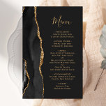 Tall Budget Black Gold Agate Dark Wedding Menu<br><div class="desc">The left-hand edge of this elegant modern wedding menu features a black watercolor agate border trimmed with faux gold glitter. The customizable text combines gold colored handwriting script and copperplate fonts on an off-black background. The reverse side features a matching black and gold agate design.</div>