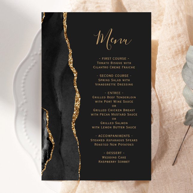 Tall Budget Black Gold Agate Dark Wedding Menu (Creator Uploaded)