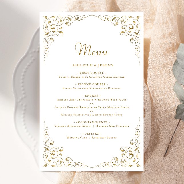 Tall Budget Gold Script Foliage Wedding Menu (Creator Uploaded)