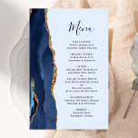 Tall Budget Navy Blue Gold Agate Wedding Menu<br><div class="desc">The left-hand edge of this elegant modern wedding menu features a navy blue watercolor agate border trimmed with faux gold glitter. The customizable text combines navy blue handwriting script and copperplate fonts on a light pastel blue background. The reverse side features a matching navy blue and gold agate design.</div>