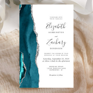 Tall Budget Teal Blue Silver Agate Wedding Invite