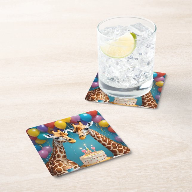 **"Tall Celebrations: A Giraffe's Birthday Bash"** Square Paper Coaster (Insitu)
