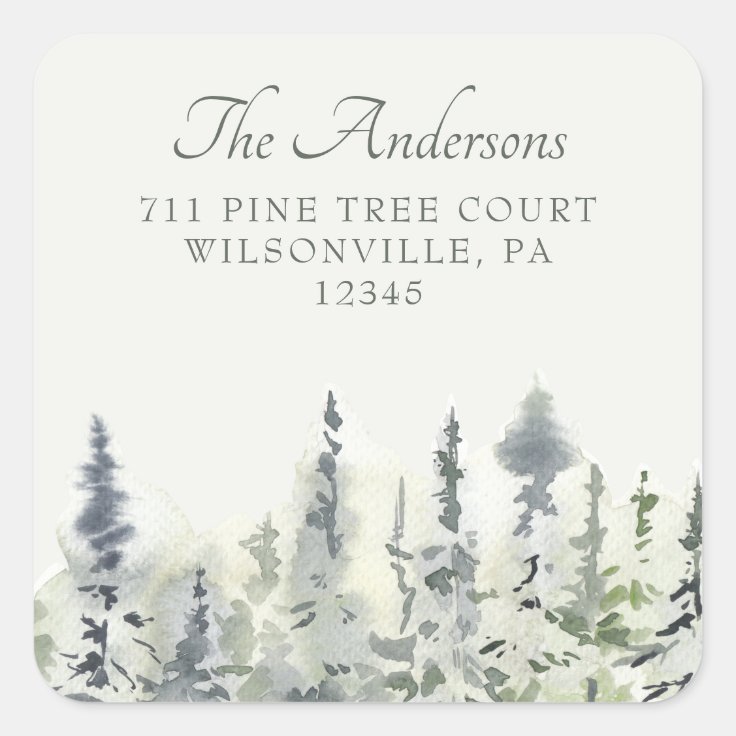 Tall Evergreens Watercolor Trees Return Address Square Sticker Zazzle