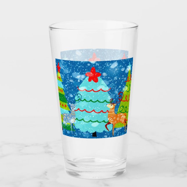Tall Glass Christmas Design of Trees, Deer, Snow (Front)