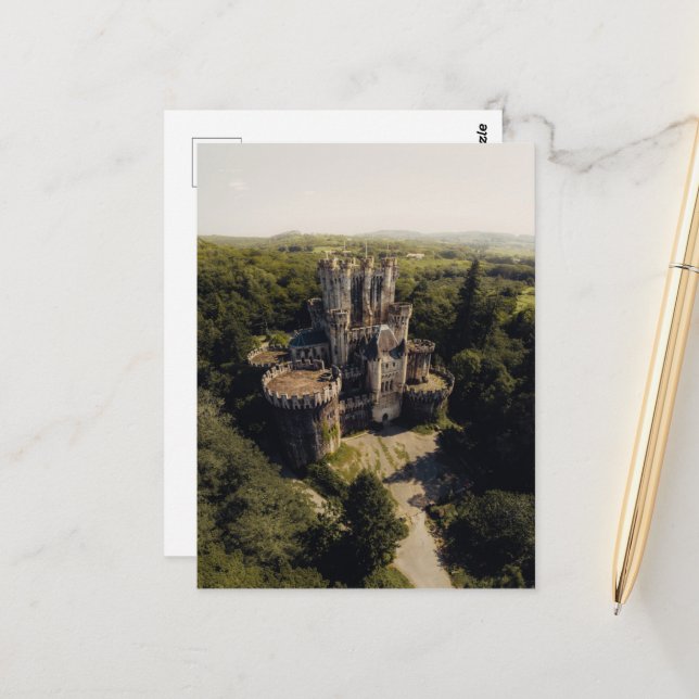 Tall Grey Stone Castle in Green Overgrown Woods Postcard (Front/Back In Situ)