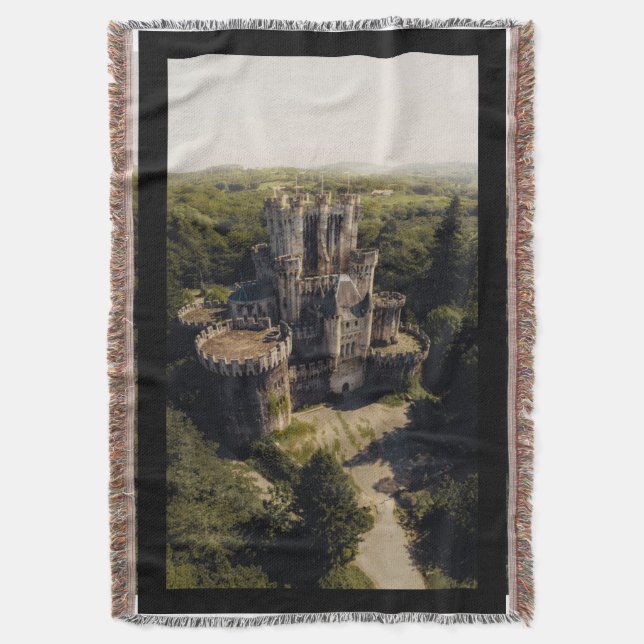 Tall Grey Stone Castle in Green Overgrown Woods Throw Blanket (Front Vertical)