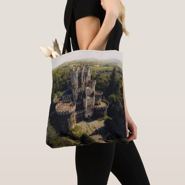 Tall Grey Stone Castle in Green Overgrown Woods Tote Bag (Close Up)