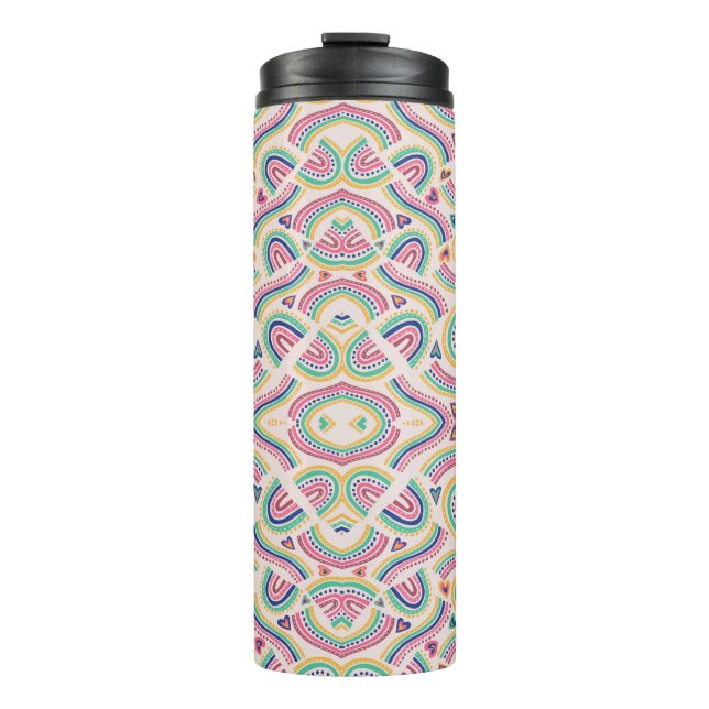 Tall, insulated travel mug with intricate  (Front)